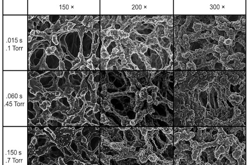 Pictured are surface SEM images of Janus membrane front faces grown with 150, 200 and 300 cycles at 0.015, 0.06 and 0.15 second exposures. A general trend of quicker nucleation and following onset of conformal growth is observed at higher exposure doses and more cycles. This electron microscope image was taken with the Carl Zeiss Merlin SEM at the University of Chicago. (Image courtesy of University of Chicago)